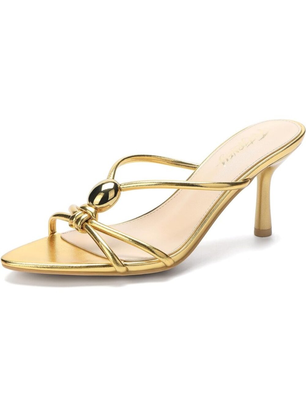 Women's Gold Pointed Peep Toe Kitten Mule Heel Metal Button Slip On Sandals